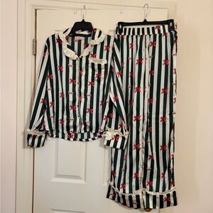 Ivy City Co Green and White Striped Pajamas with Red Bow Accents